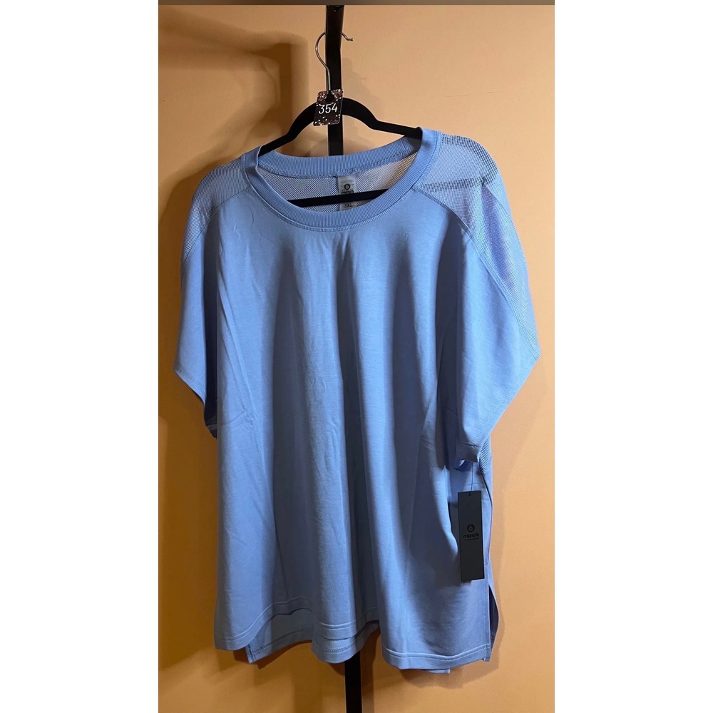 Mono B Womens 3XL Light Blue Mesh Panel Activewear Short Sleeve T-Shirt NWT